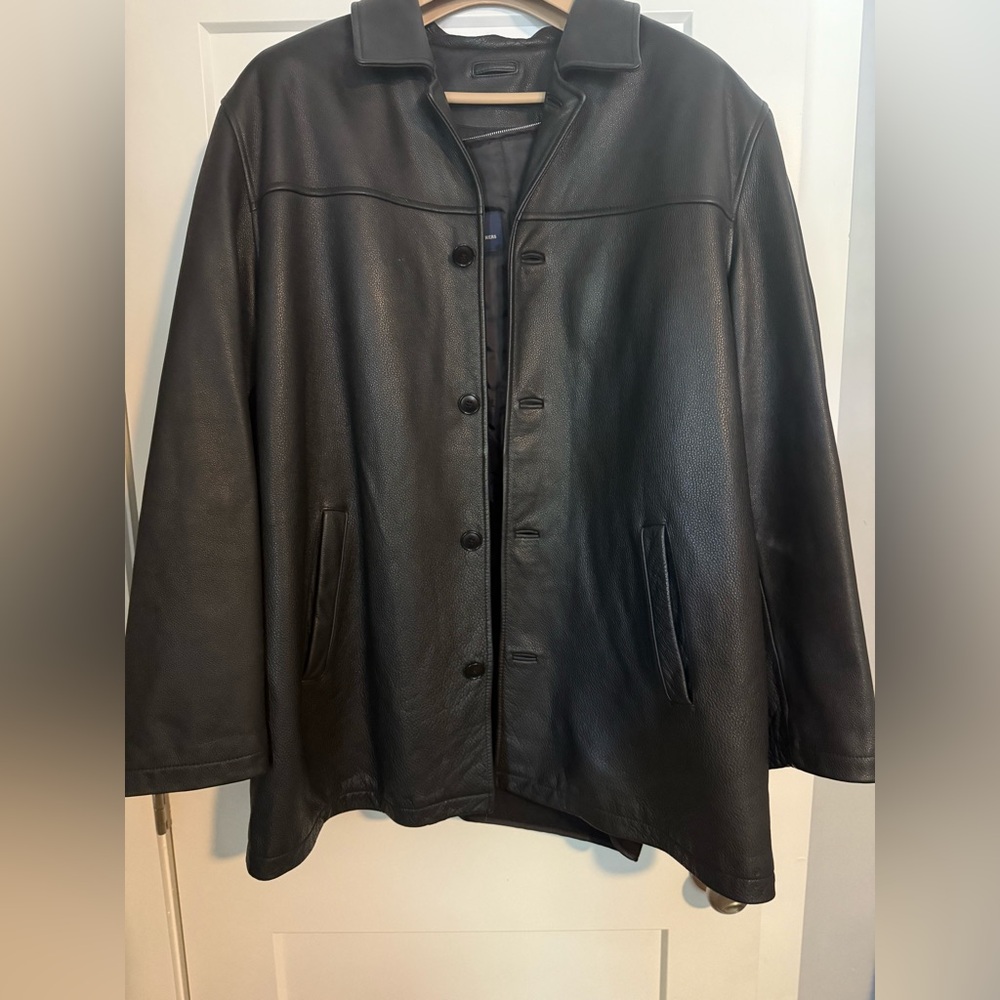Brooks Brothers Men’s XL Black Leather Jacket – Button Up with Removable Lining